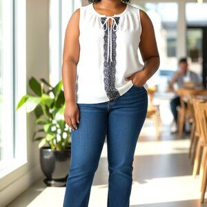 (D-102)Violet + Claire Women Sleeveless Blouse Ivory Black Lace Tie Neck‎ Size L